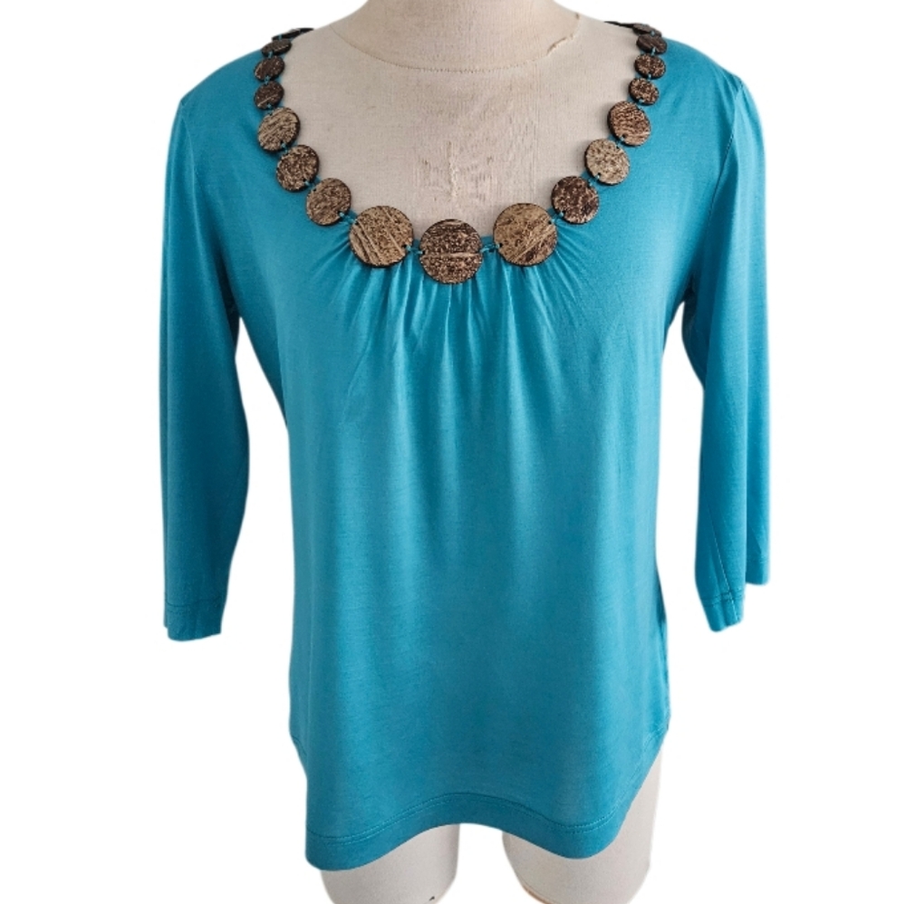 Escada Turquoise Blouse with Embellished Neckline